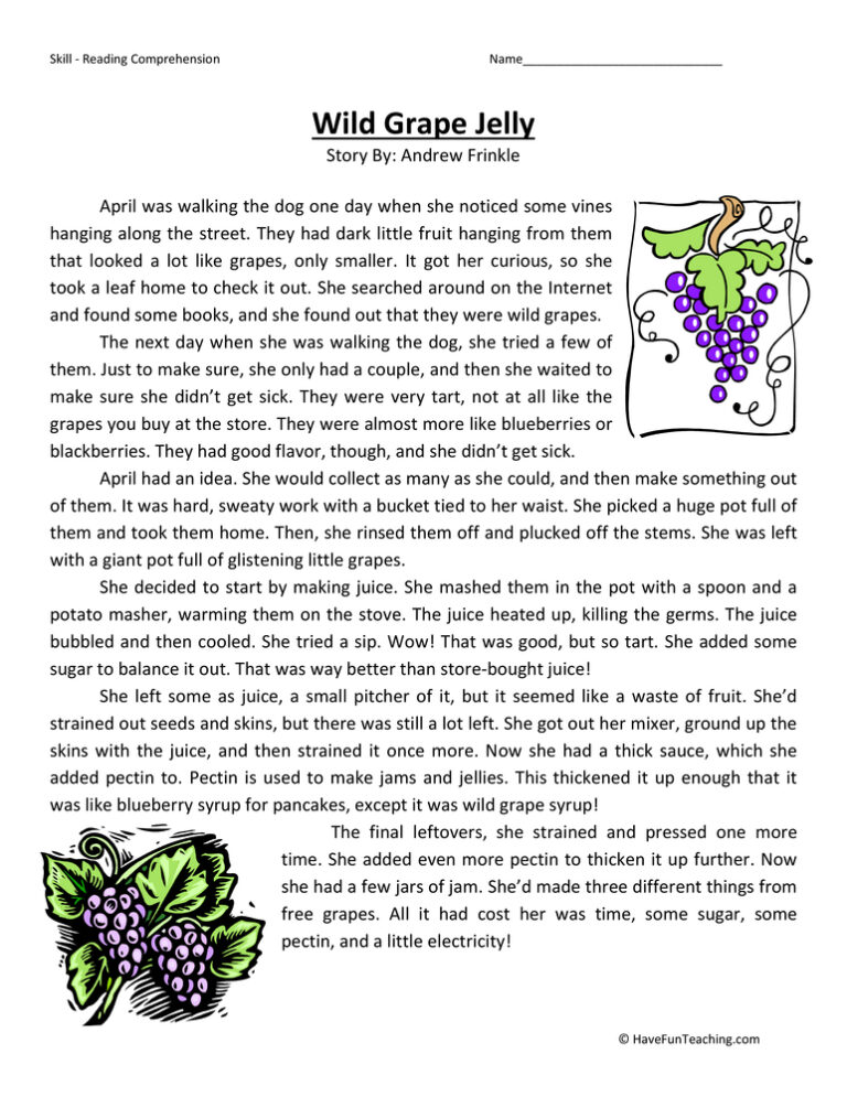 Wild Grape Jelly Reading Comprehension Worksheet