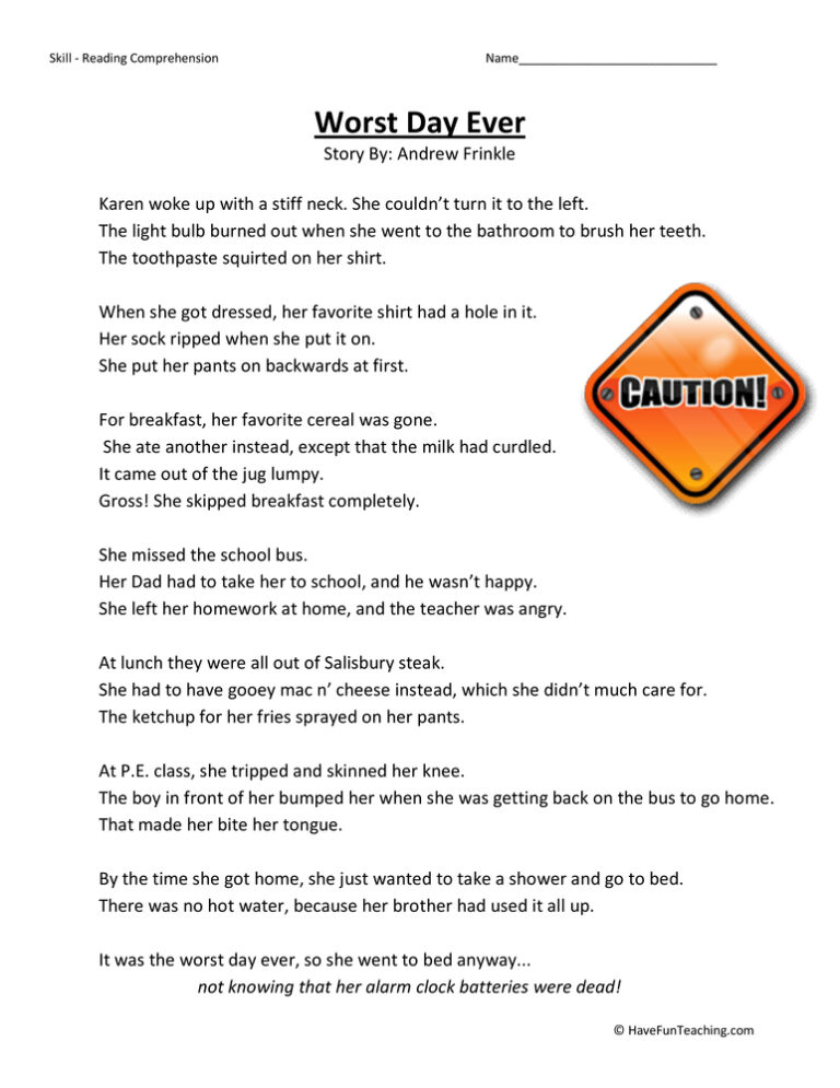 Worst Day Ever Reading Comprehension Worksheet