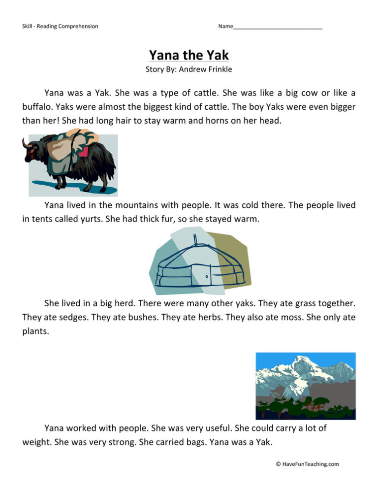 Yana the Yak Reading Comprehension Worksheet