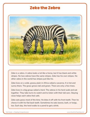 2nd grade zebra reading comprehension worksheet