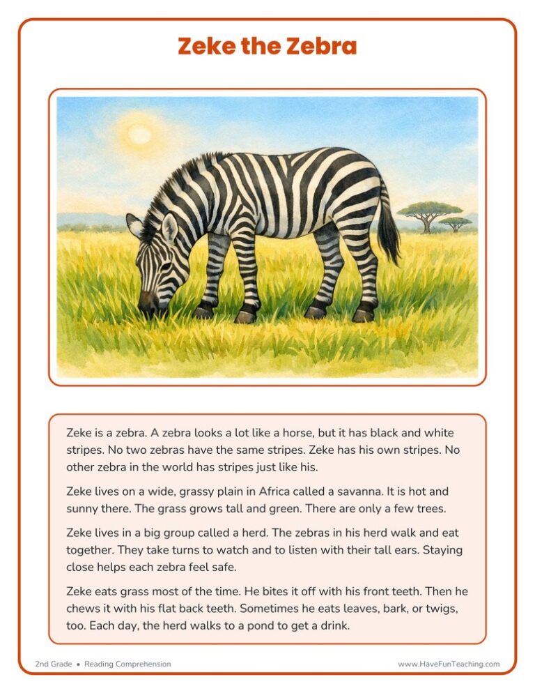 Zeke the Zebra Reading Comprehension Worksheet