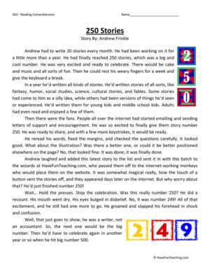 250 Stories Reading Comprehension Worksheet
