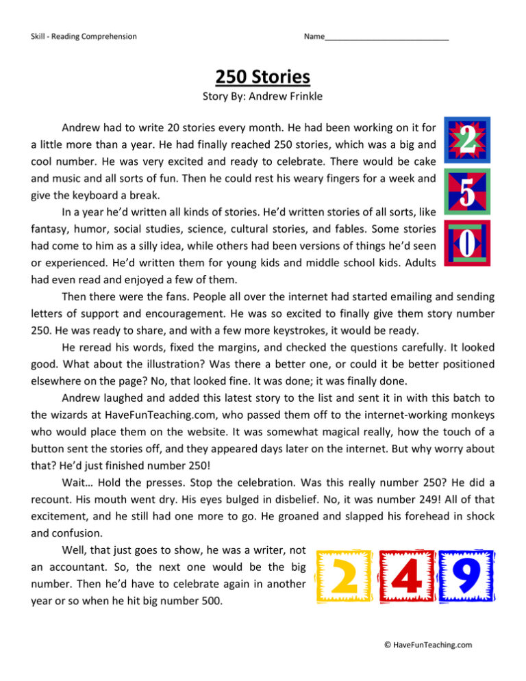 250 Stories Reading Comprehension Worksheet