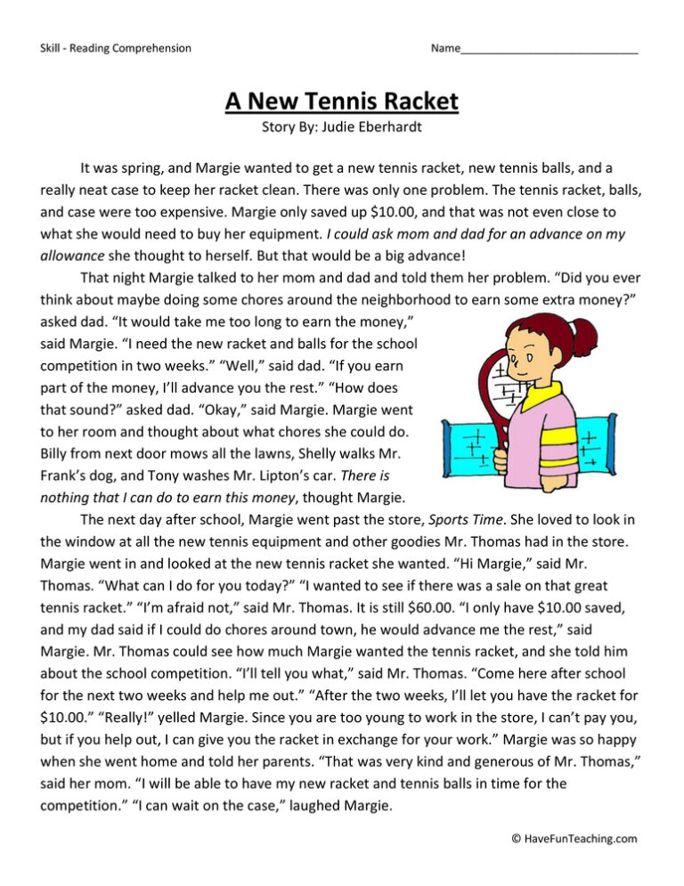 A New Tennis Racket Reading Comprehension Worksheet
