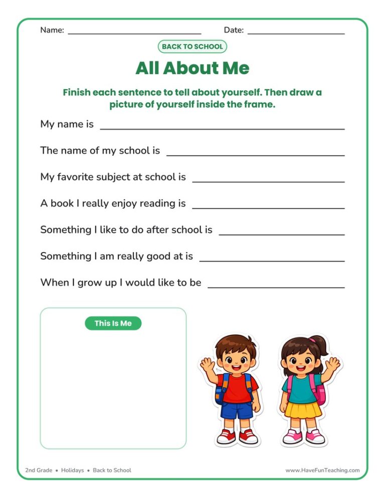 All About Me Fill in the Blanks Worksheet