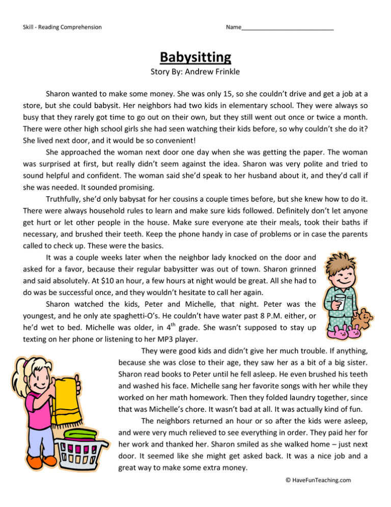 Babysitting - Reading Comprehension Worksheet