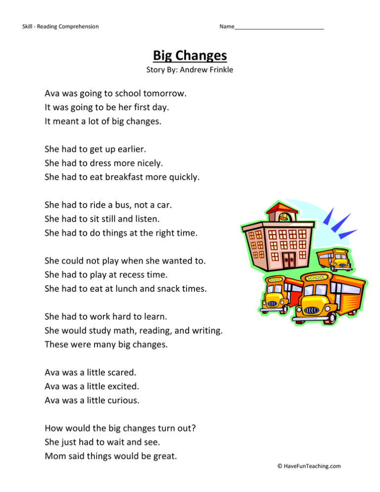 Big Changes Reading Comprehension Worksheet