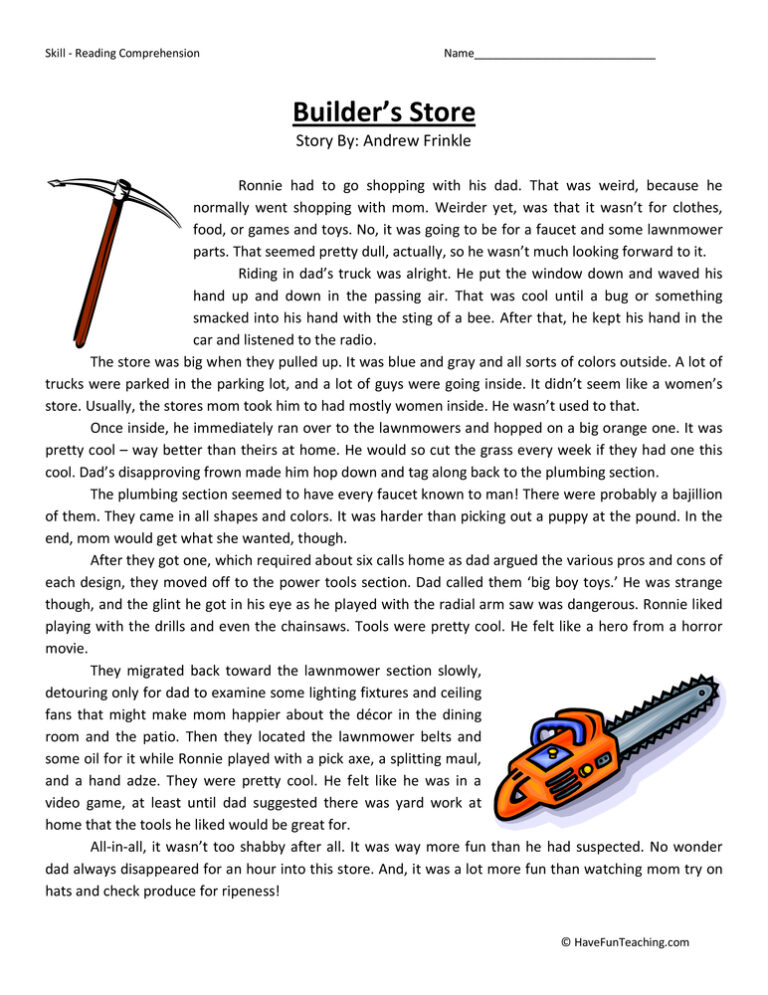 Builder's Store Reading Comprehension Worksheet