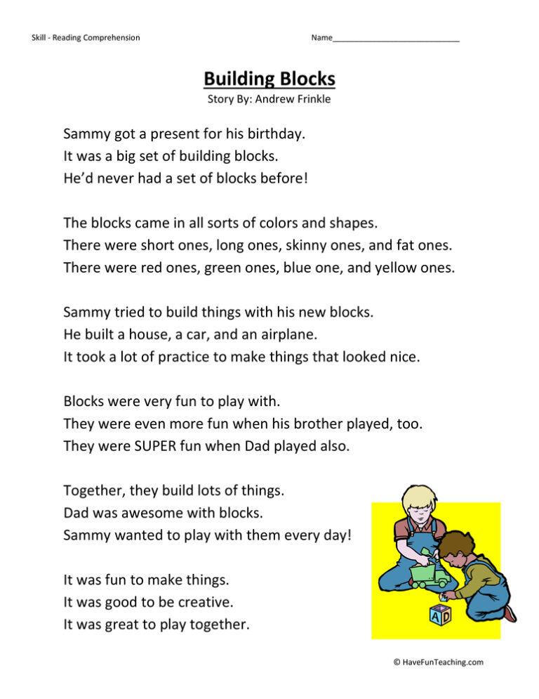 Building Blocks - Reading Comprehension Worksheet