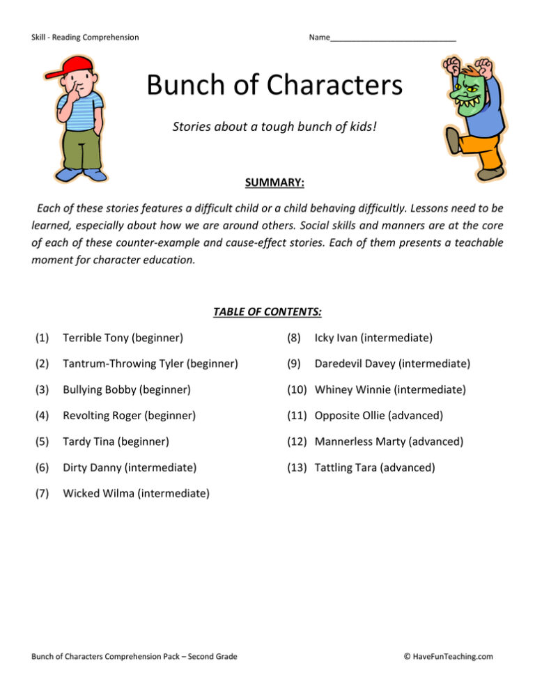 Bunch of Characters Reading Comprehension Test Collection