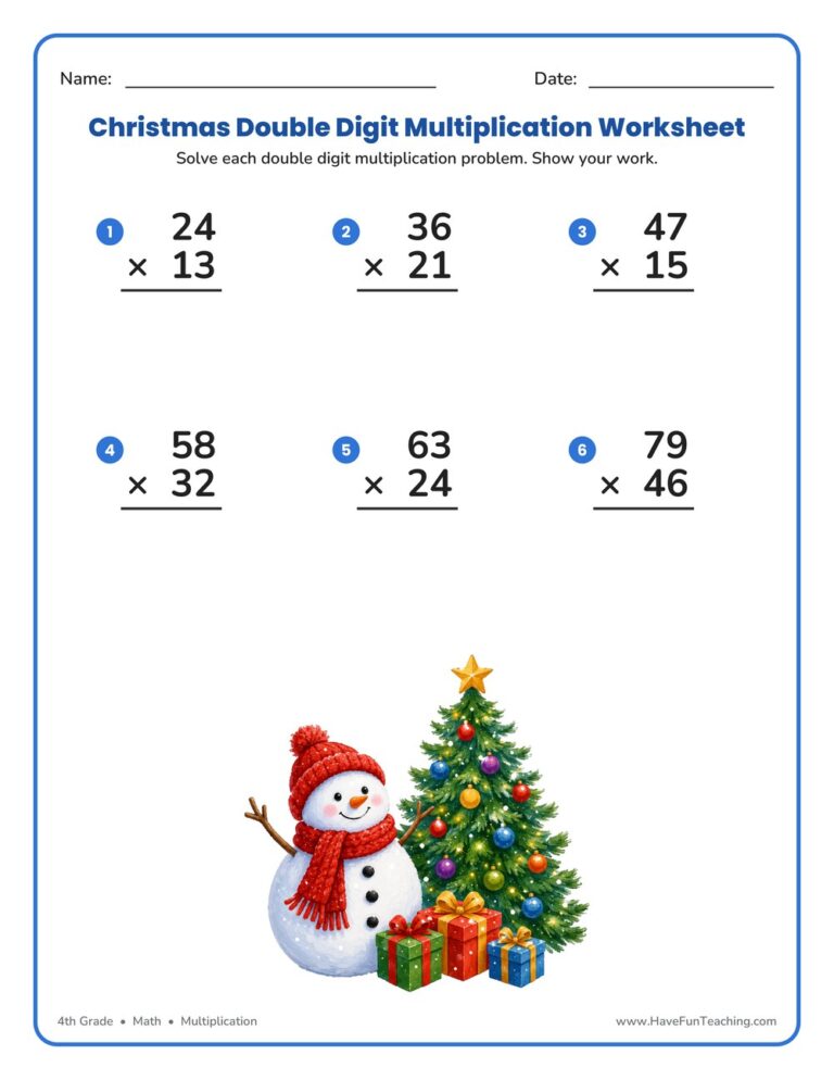 Christmas Double Digit Multiplication Worksheet