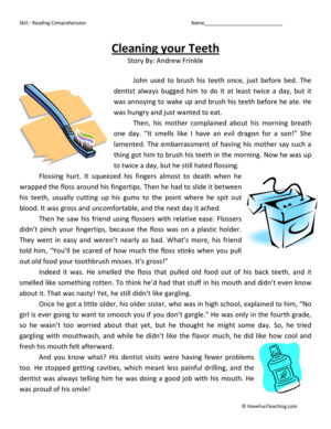 Cleaning Your Teeth - Reading Comprehension Worksheet