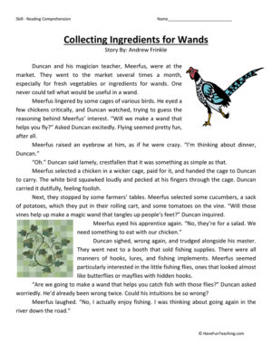 Collecting Ingredients - Reading Comprehension Worksheet