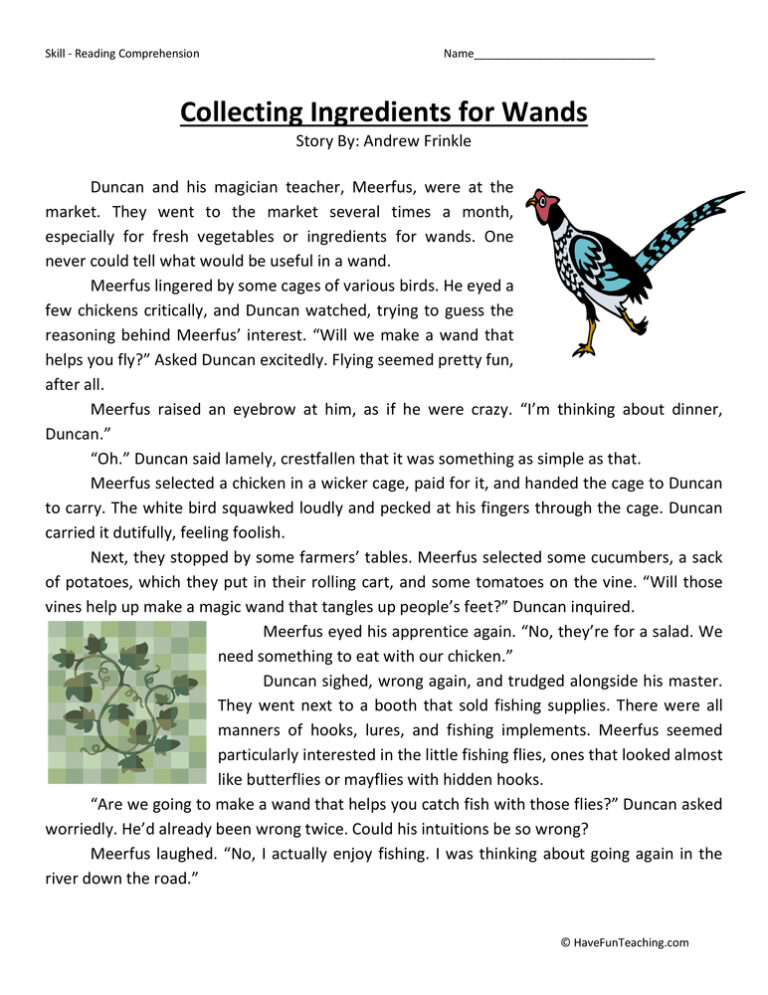 Collecting Ingredients - Reading Comprehension Worksheet