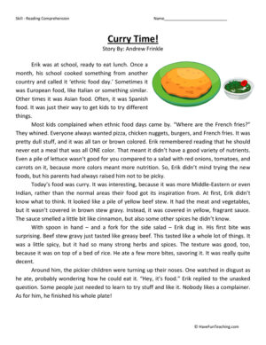 Curry Time - Reading Comprehension Worksheet