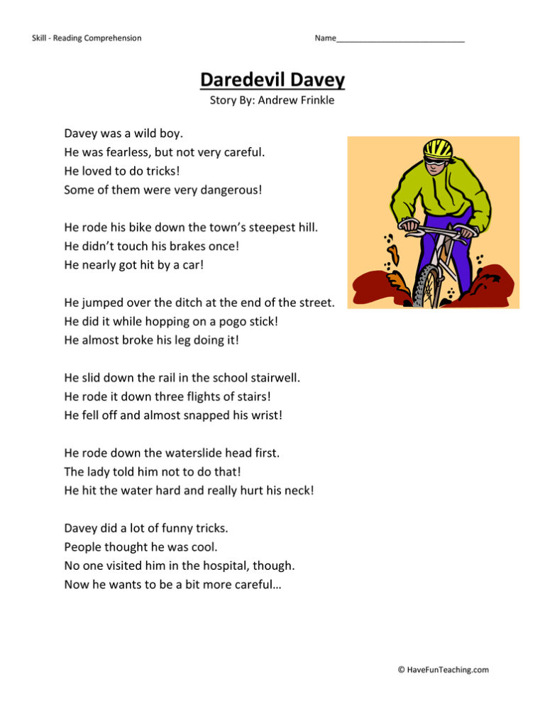 Daredevil Davey - Reading Comprehension Worksheet