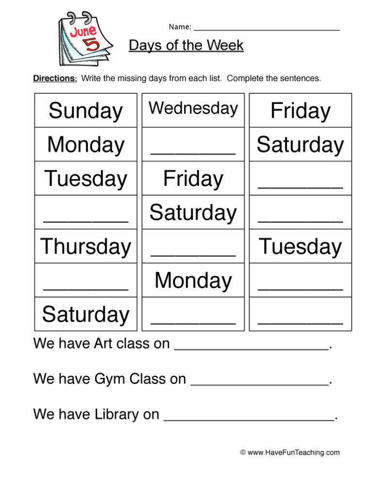Days of the Week Worksheet - Fill in the Blank