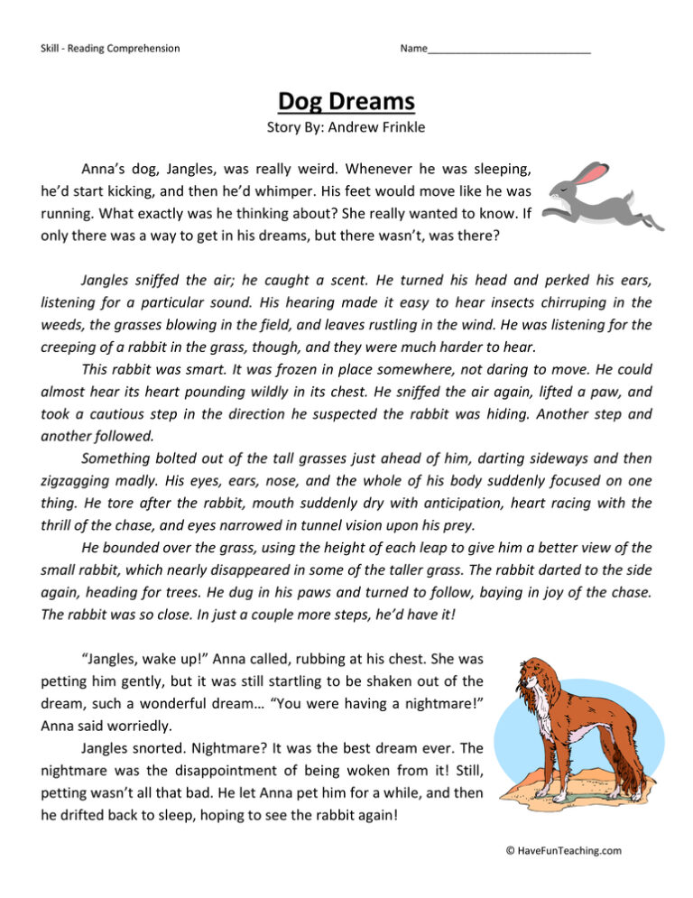 Dog Dreams - Reading Comprehension Worksheet