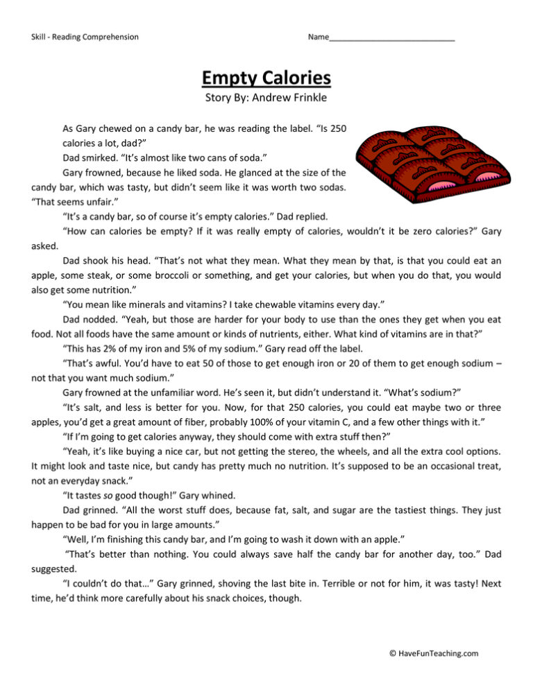 Empty Calories - Reading Comprehension Worksheet