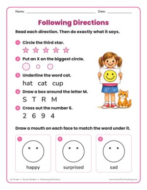 1st Grade Following Directions worksheet with five read-and-do tasks and three faces
