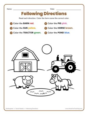 Following Directions Coloring Worksheet with a farm scene for Kindergarten students to color by reading directions