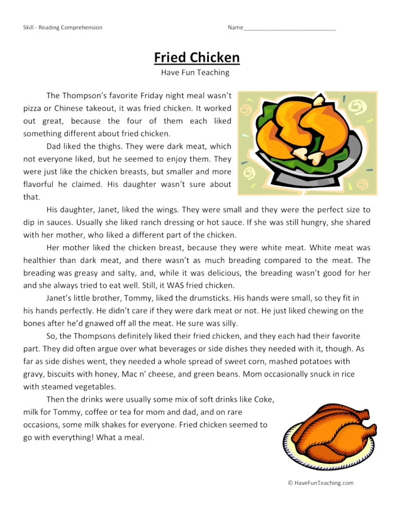 Fried Chicken - Reading Comprehension Worksheet