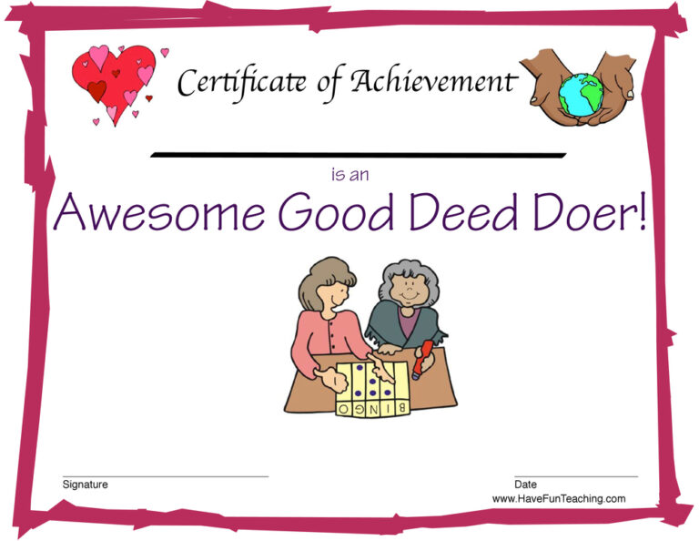 Good Deeds Reward Certificate for Girls