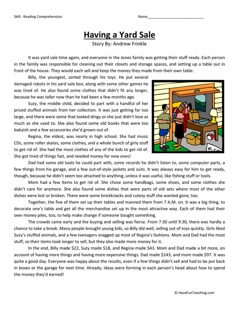 Having a Yard Sale - Reading Comprehension Worksheet