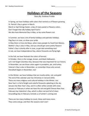 Holidays by Season - Reading Comprehension Worksheet