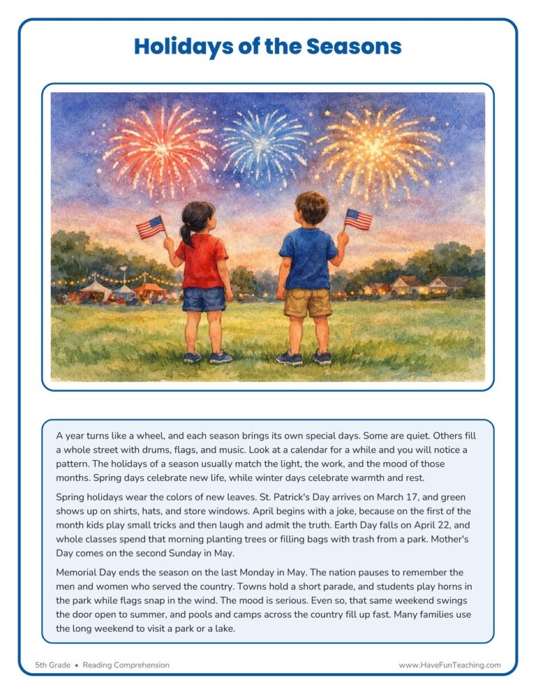 Holidays by Season - Reading Comprehension Worksheet