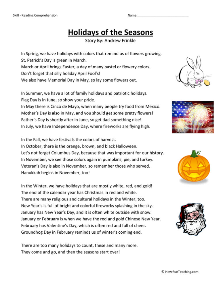Holidays by Season - Reading Comprehension Worksheet