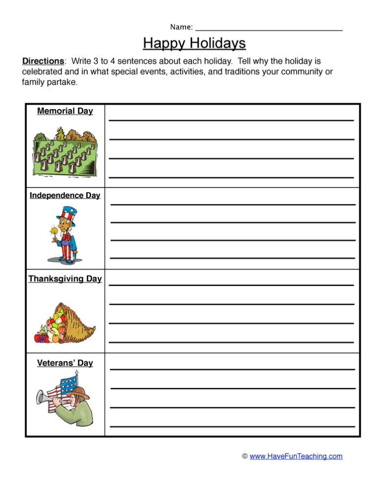 Patriotic Holidays Worksheet