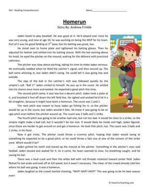 Homerun Reading Comprehension Worksheet