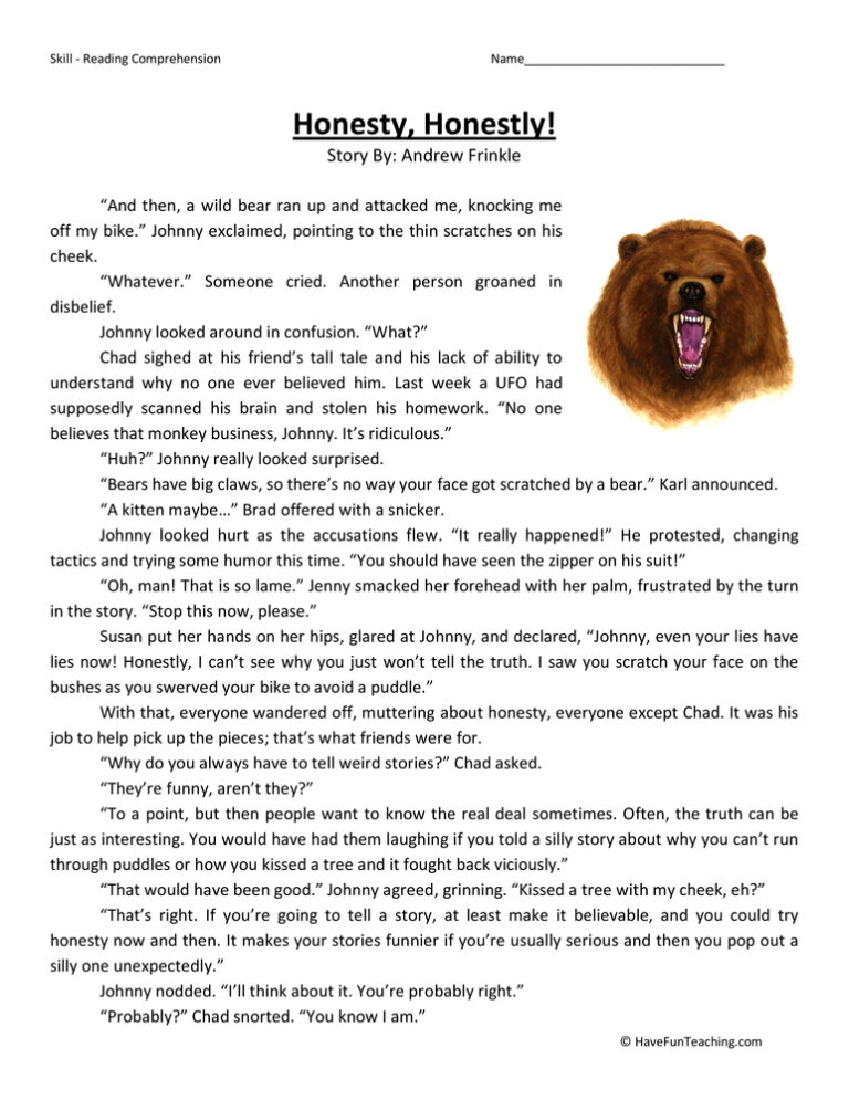Honestly, Honestly! Reading Comprehension Worksheet