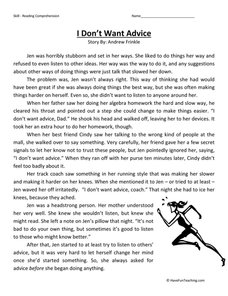 I Don't Want Advice Reading Comprehension Worksheet