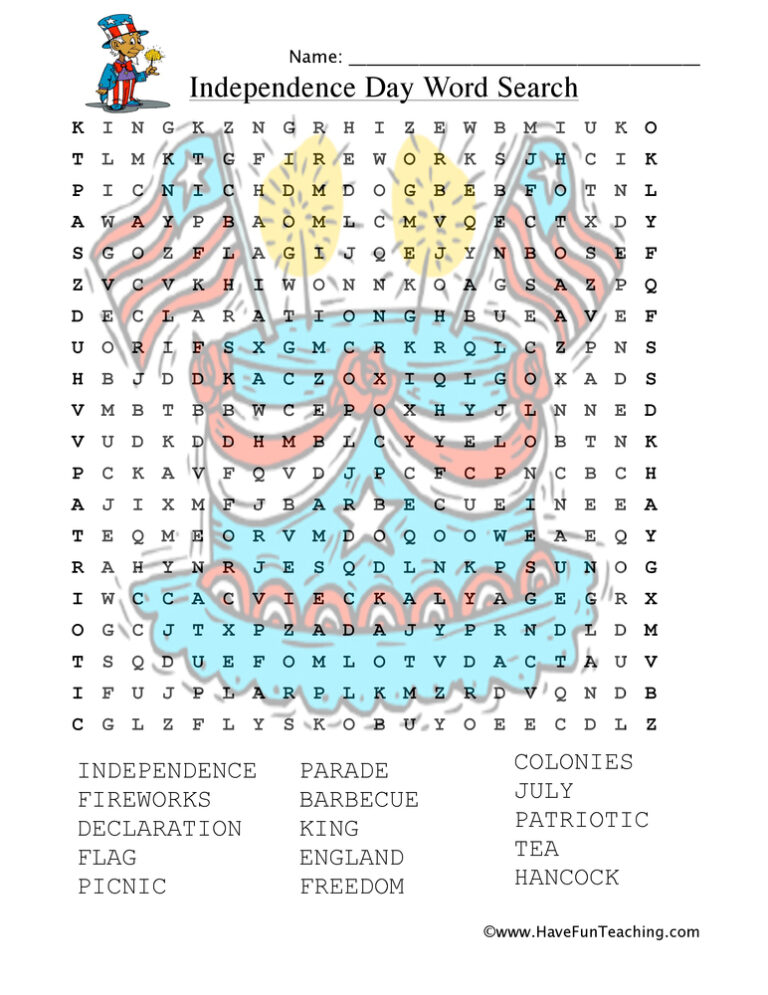 Independence Day Word Search Worksheet