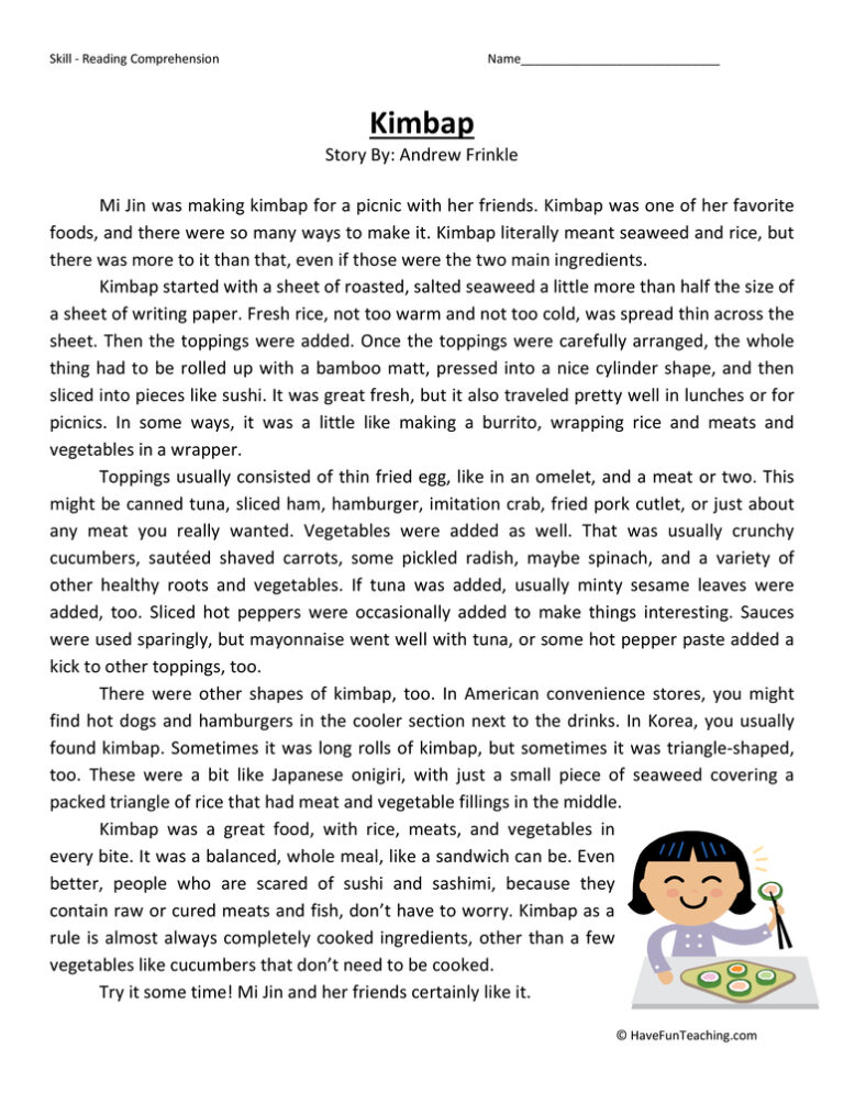 Kimbap Reading Comprehension Worksheet