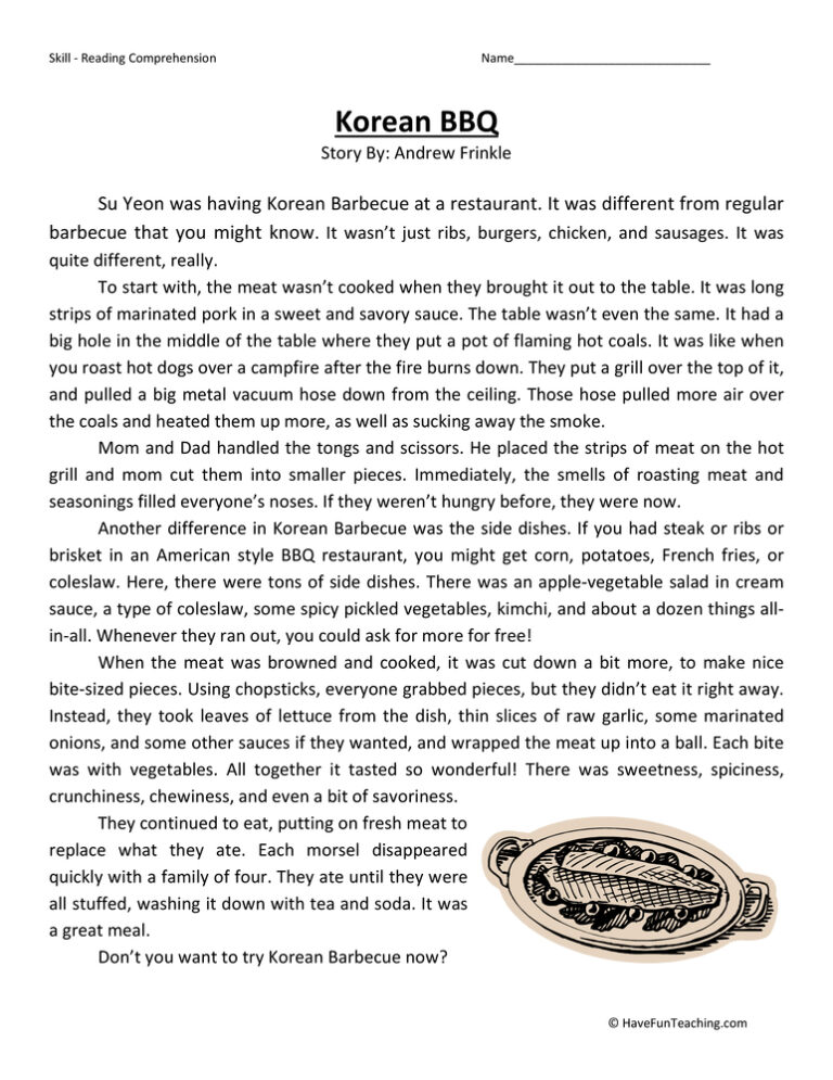 Korean BBQ Reading Comprehension Worksheet