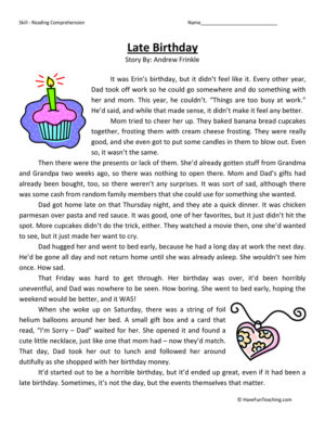 Late Birthday Reading Comprehension Worksheet