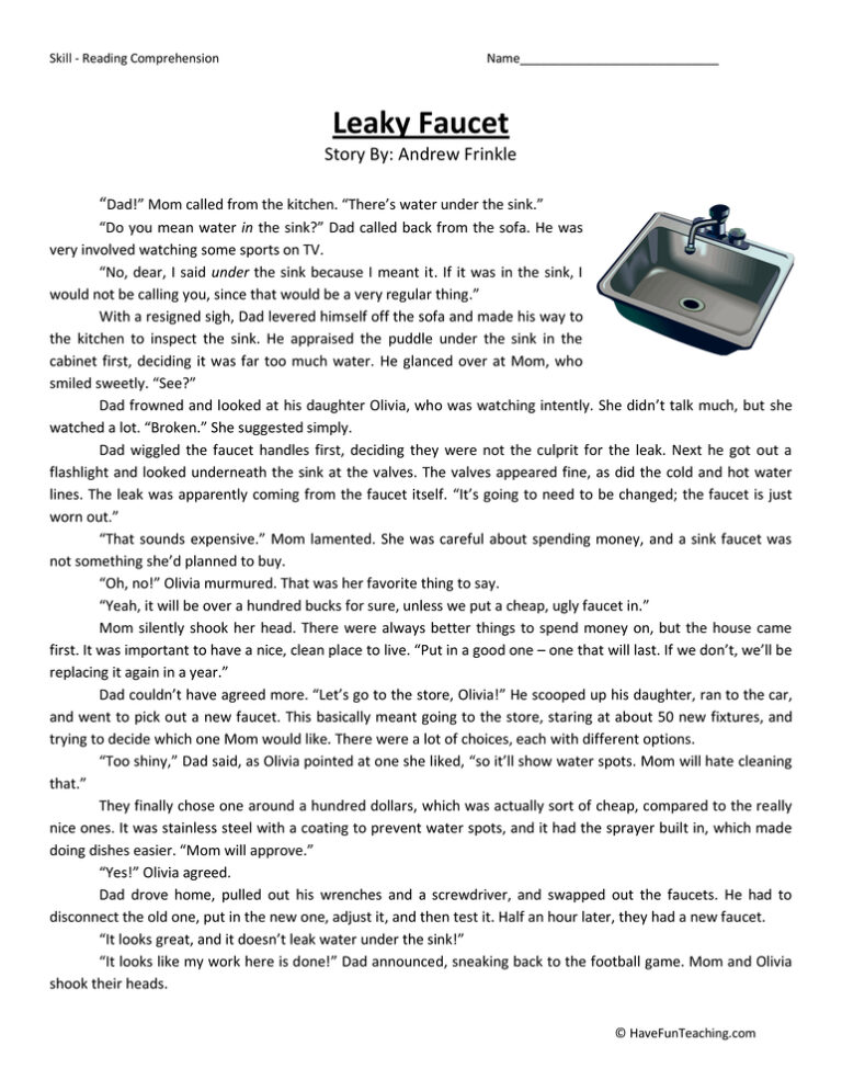 Leaky Faucet Reading Comprehension Worksheet