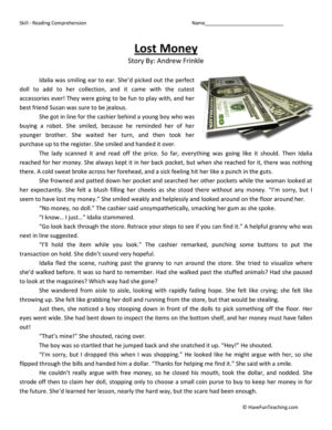 Lost Money Reading Comprehension Worksheet