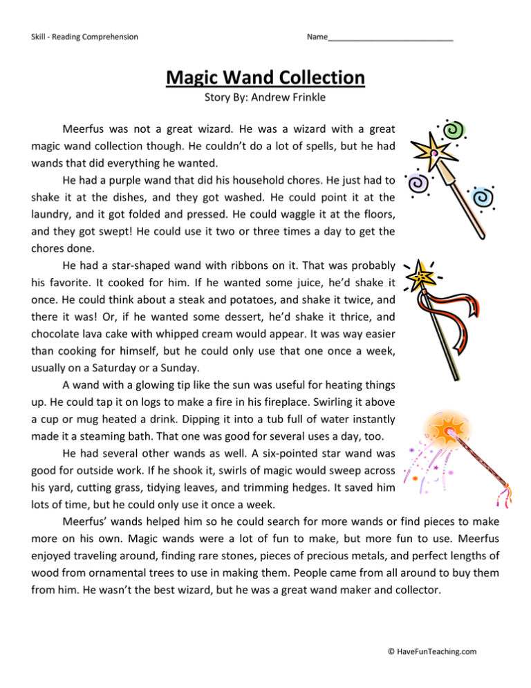 Magic Wand Collection Reading Comprehension Worksheet