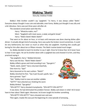Making Sketti Reading Comprehension Worksheet