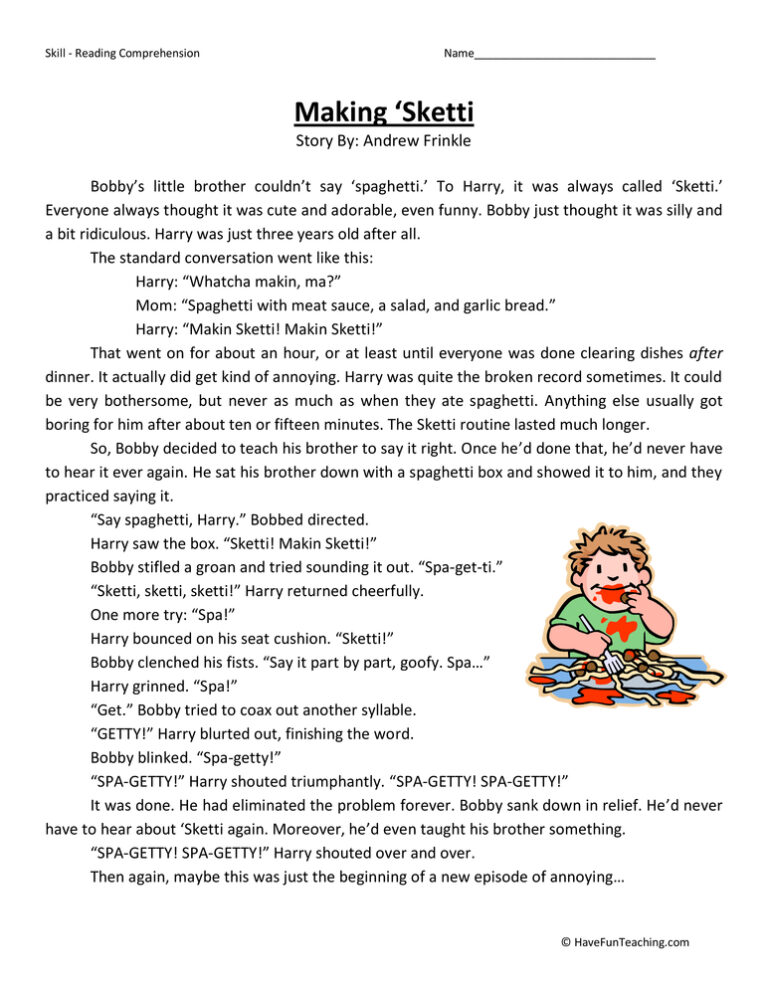 Making Sketti Reading Comprehension Worksheet