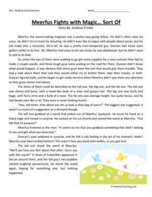 Meerfus Fights with Magic Sort Of Reading Comprehension Worksheet