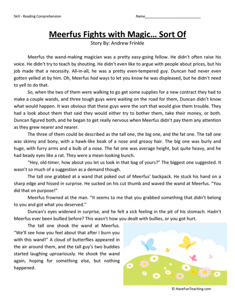 Meerfus Fights with Magic Sort Of Reading Comprehension Worksheet