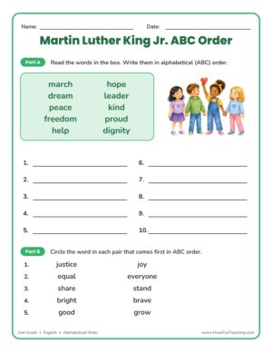 2nd grade MLK Day alphabetical order worksheet