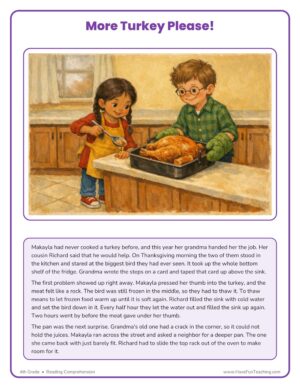 4th Grade reading comprehension worksheet with a two-page Thanksgiving story