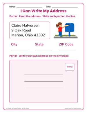 1st Grade Social Studies life skills worksheet for writing my address on an envelope