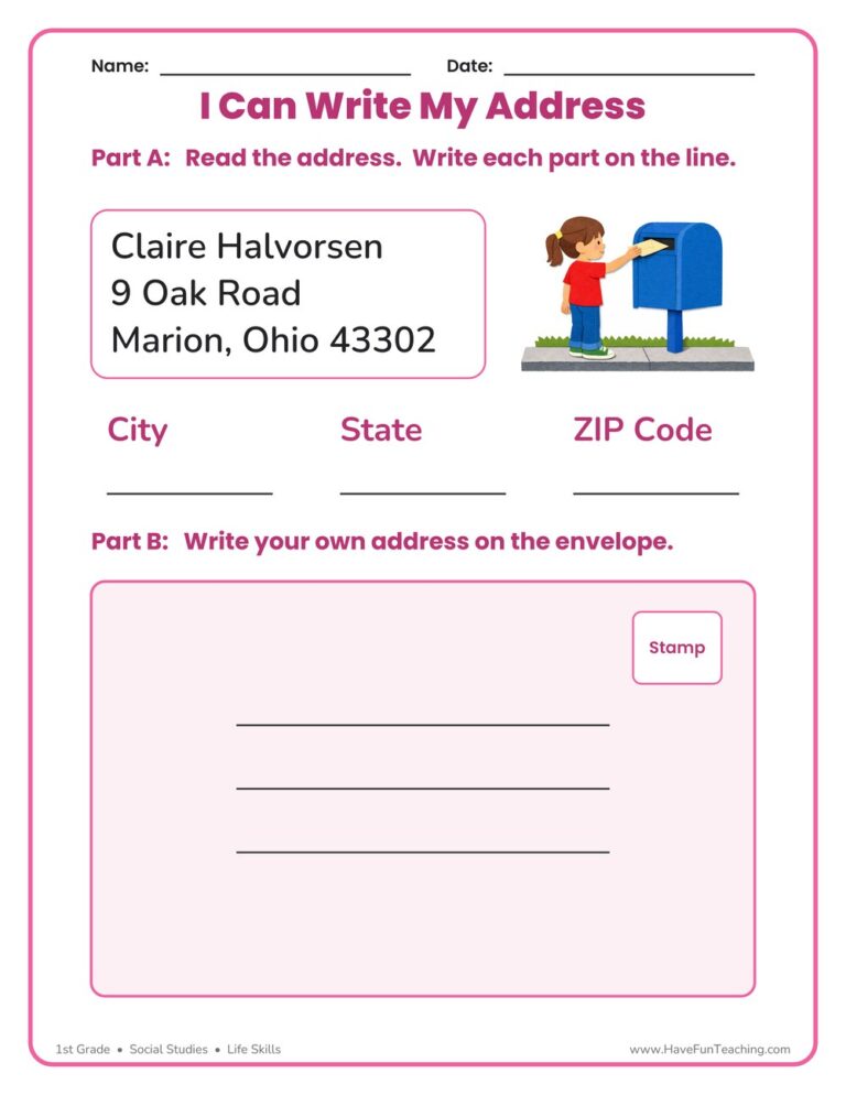 My Address Envelopes and Letters Worksheet